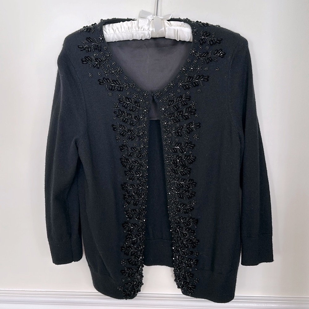Talbots Beaded Black Cardigan Sweater M Lined Lambswool Blend Hook & Closure